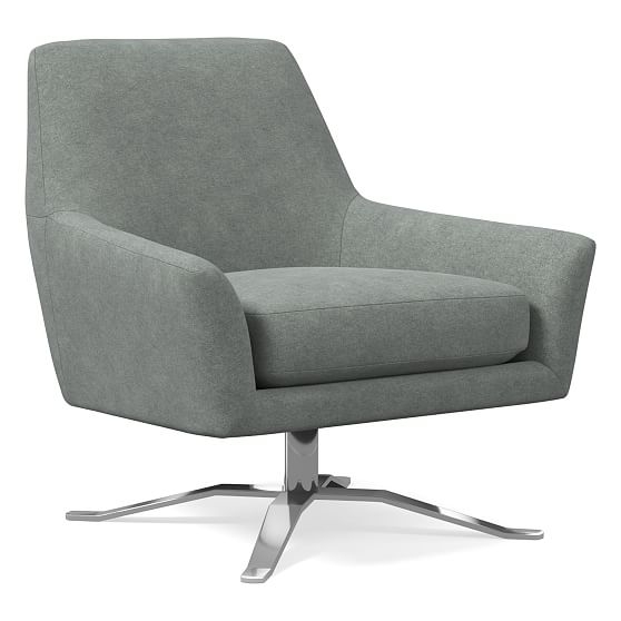 OPEN BOX: Lucas Swivel Base Chair, Poly, Distressed Velvet, Mineral Gray, Polished Nickel - Image 0