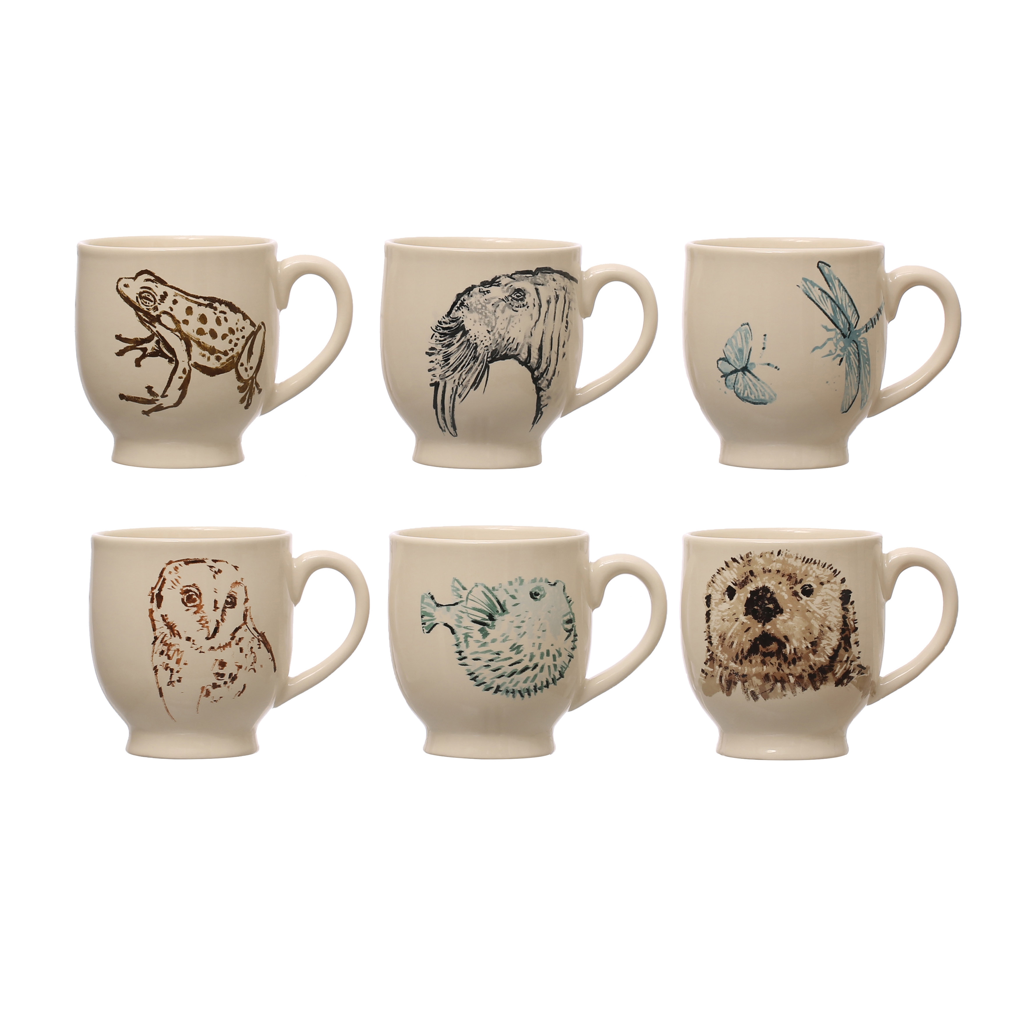 5 Inches Round Stoneware Mug with Animal Print Designs, Cream, Set of 6 - Image 0
