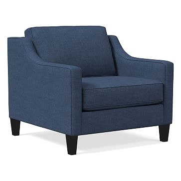 Paidge Armchair, Performance Yarn Dyed Linen Weave, French Blue, Taper Chocolate - Image 0