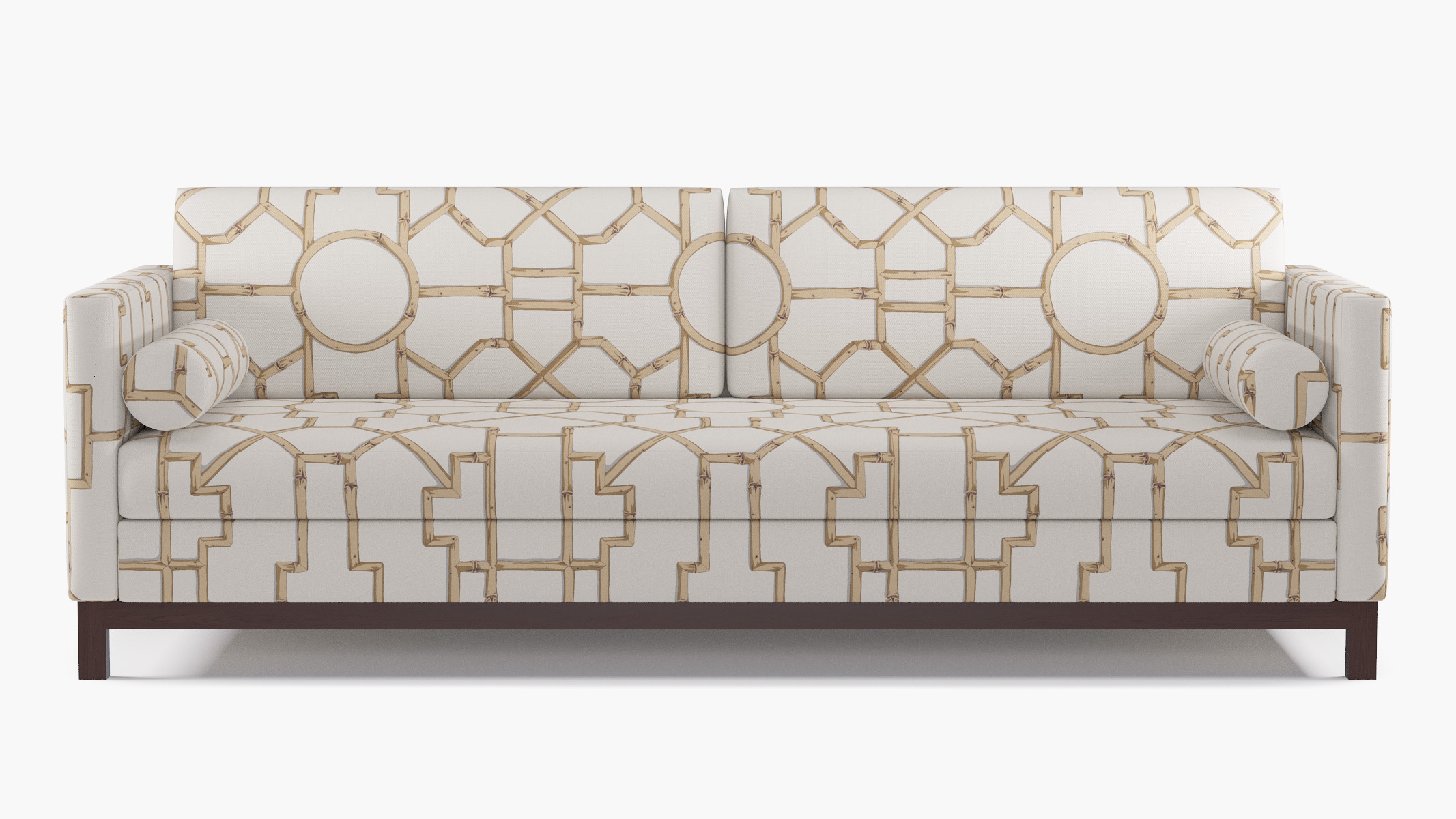 Tailored Tuxedo Sofa, Tan Baldwin Bamboo, Espresso Wood Rail - Image 0