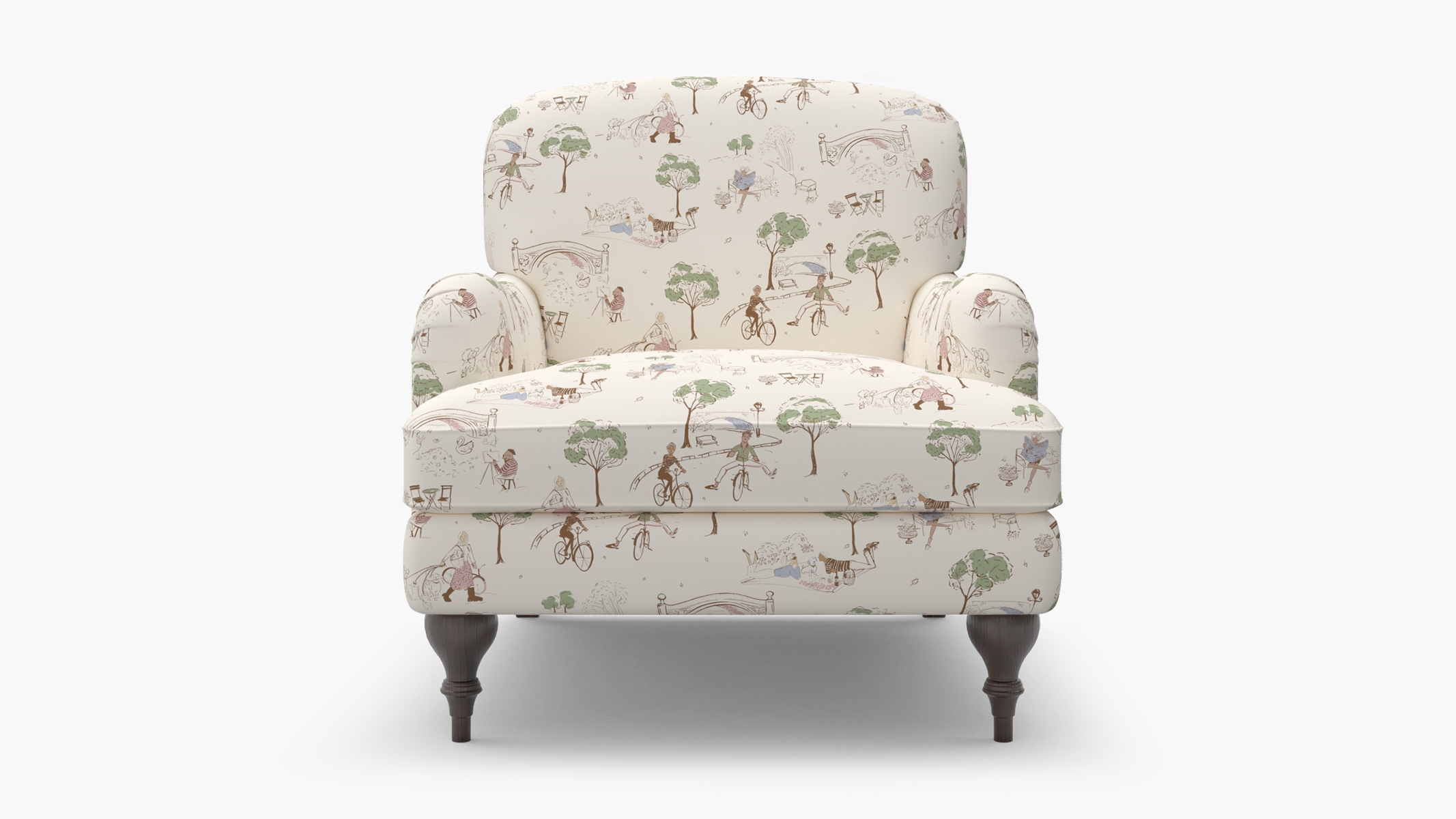English Roll Arm Chair, Multi Central Park Toile, Espresso Turned Wood Leg - Image 0