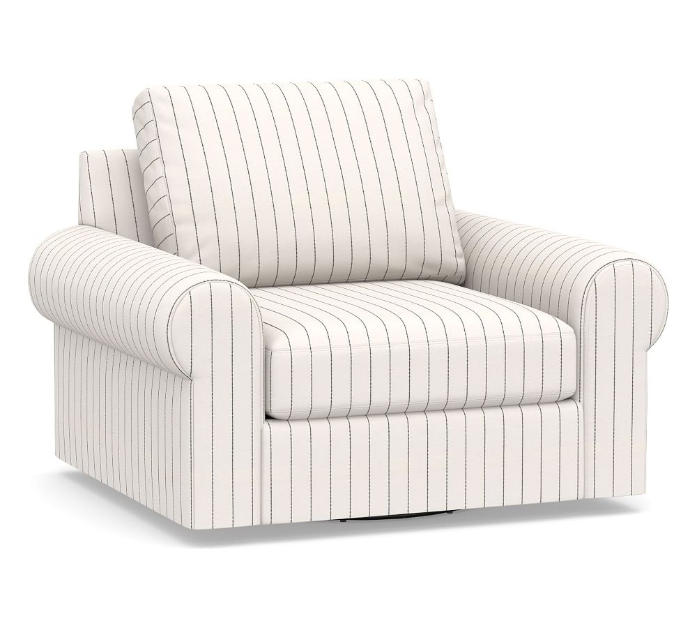 Big Sur Roll Arm Upholstered Swivel Armchair, Down Blend Wrapped Cushions, Sunbrella(R) Performance Harbor Stripe Classic - Image 0