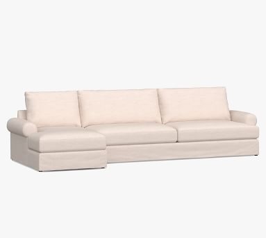 Canyon Roll Arm Slipcovered Left Arm Loveseat with Chaise Sectional, Down Blend Wrapped Cushions, Performance Heathered Basketweave Dove - Image 3