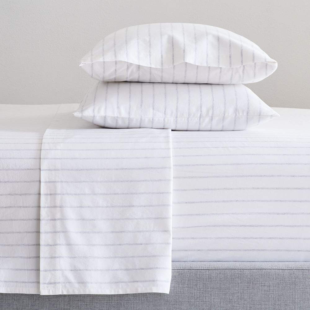 Washed Cotton Melange Simple Stripe Sheet Set , King, Light Heather Gray - Image 0