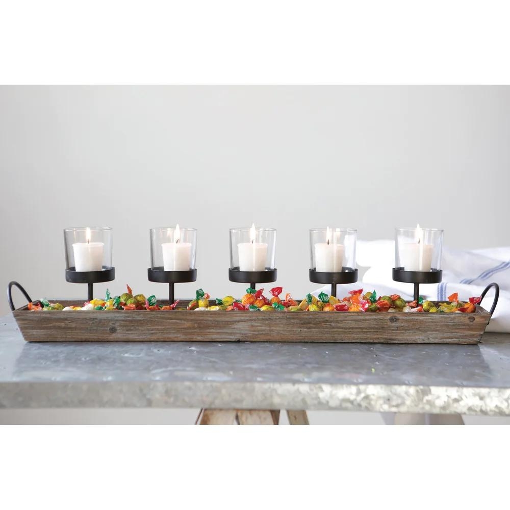 5 Metal Votive Candleholders in Rectangle Wood Tray with Handles - Image 2
