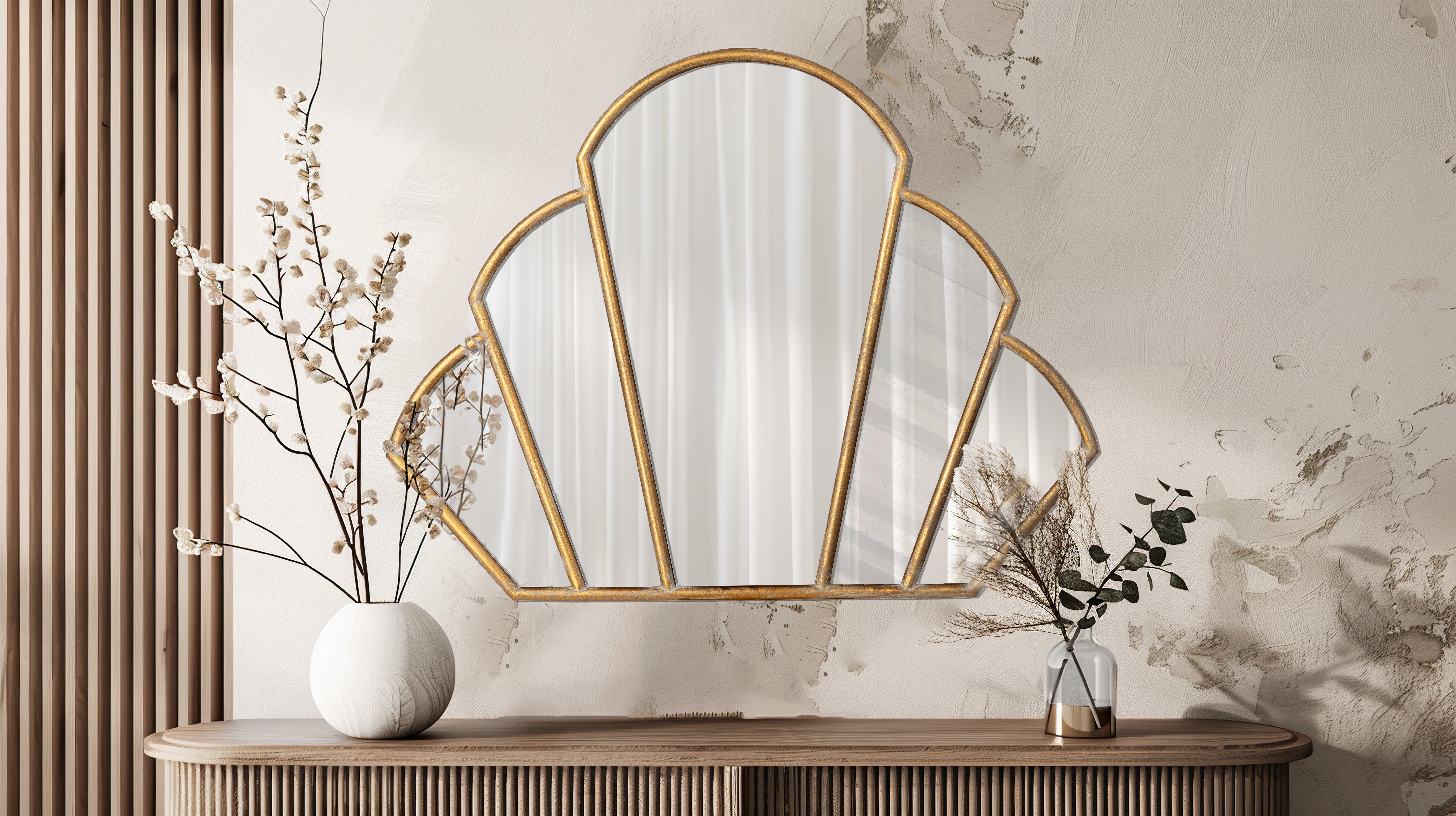 Modern Scallop Shaped Metal Wall Mirror, Antique Gold Finish - Image 0