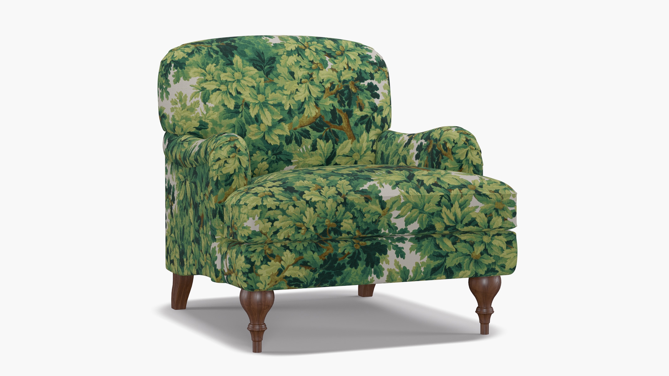 English Roll Arm Chair, Verdure Bois De Chene, Walnut Turned Wood Leg - Image 1