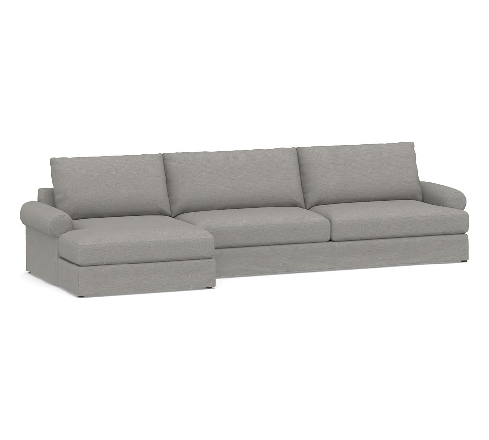 Canyon Roll Arm Slipcovered Right Arm Sofa with Double Chaise Sectional, Down Blend Wrapped Cushions, Performance Heathered Basketweave Platinum - Image 0