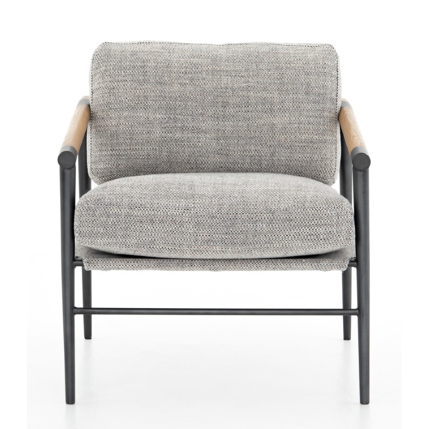 Zander Modern Classic Grey Upholstered Oak Wood Steel Arm Chair - Image 1