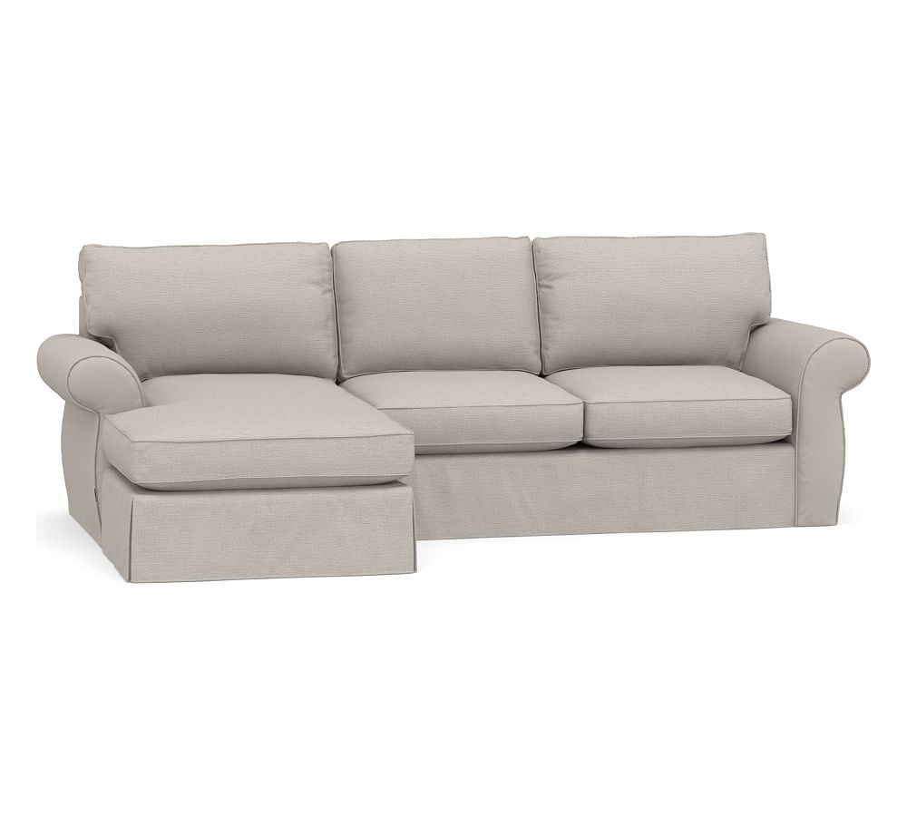 Pearce Roll Arm Slipcovered Right Arm Loveseat with Chaise Sectional, Down Blend Wrapped Cushions, Chunky Basketweave Stone - Image 0