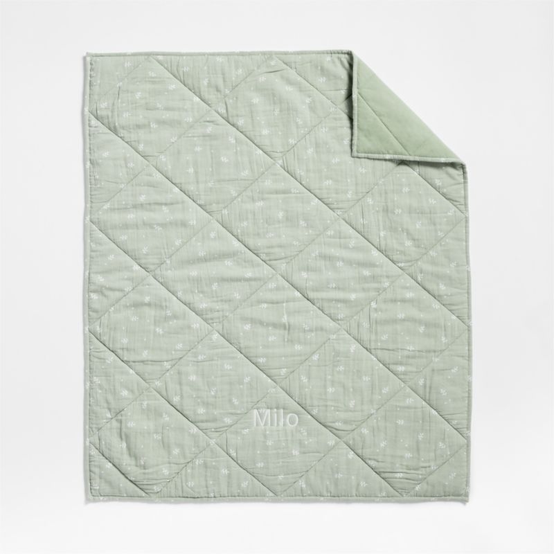 Supersoft Muted Teal Leaf Print Organic Cotton Gauze Baby Crib Quilt - Image 1