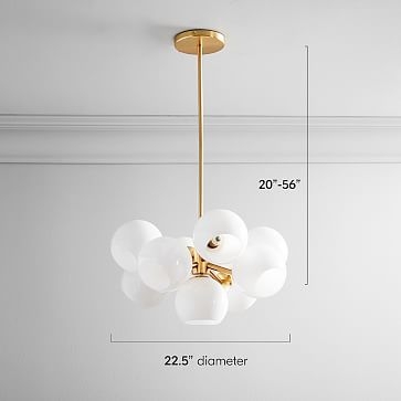 Staggered Glass Chandelier With Light Bulb, Milk Glass, Brass - Image 2