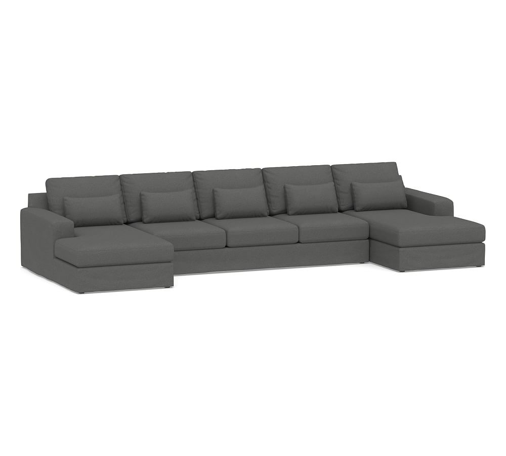 Big Sur Square Arm Slipcovered Deep Seat U-Chaise Grand Sofa Sectional, Down Blend Wrapped Cushions, Park Weave Charcoal - Image 0