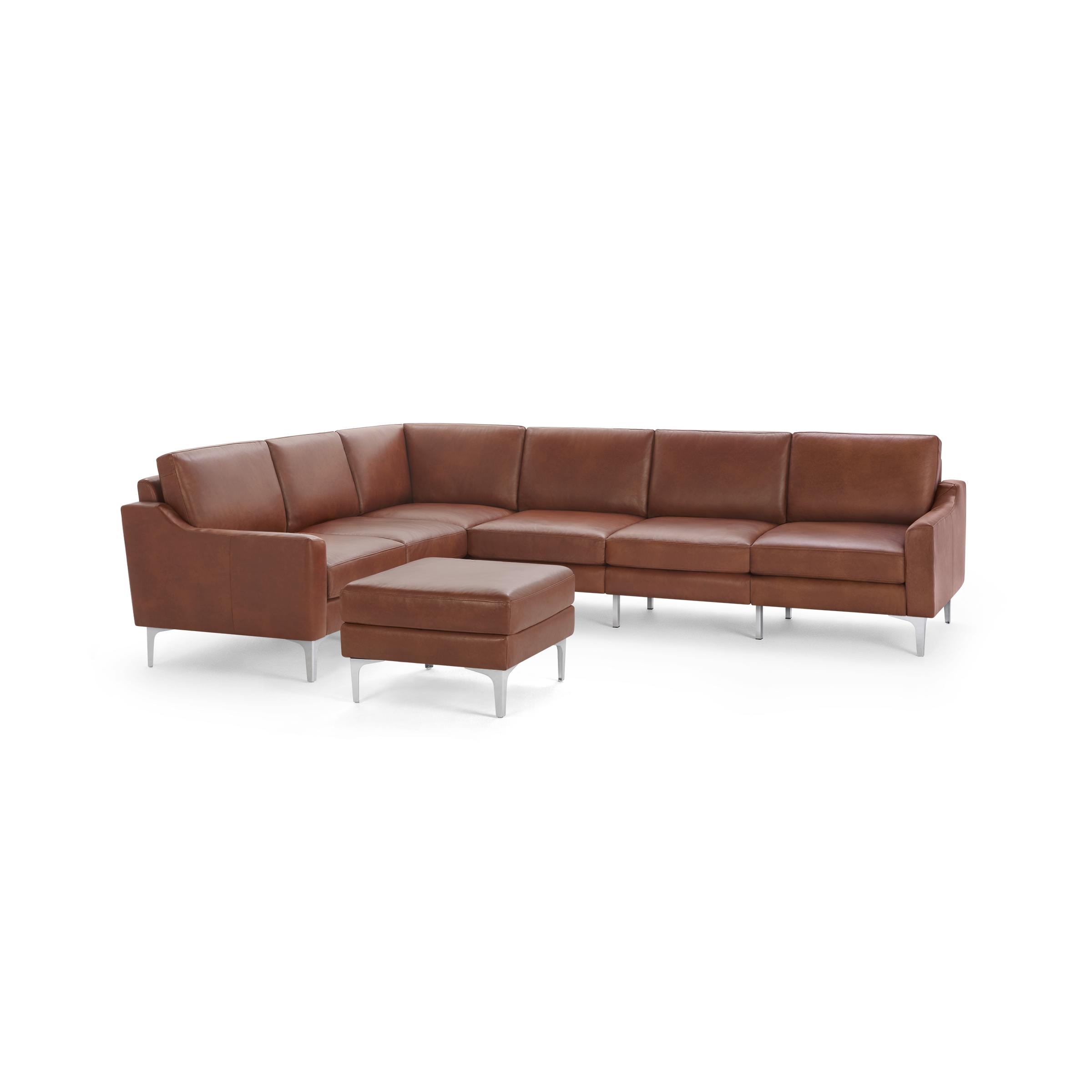 Nomad Leather 6-Seat Corner Sectional with Ottoman - Chestnut - Top Grain Leather / Chrome - Metal / Slope - Image 0