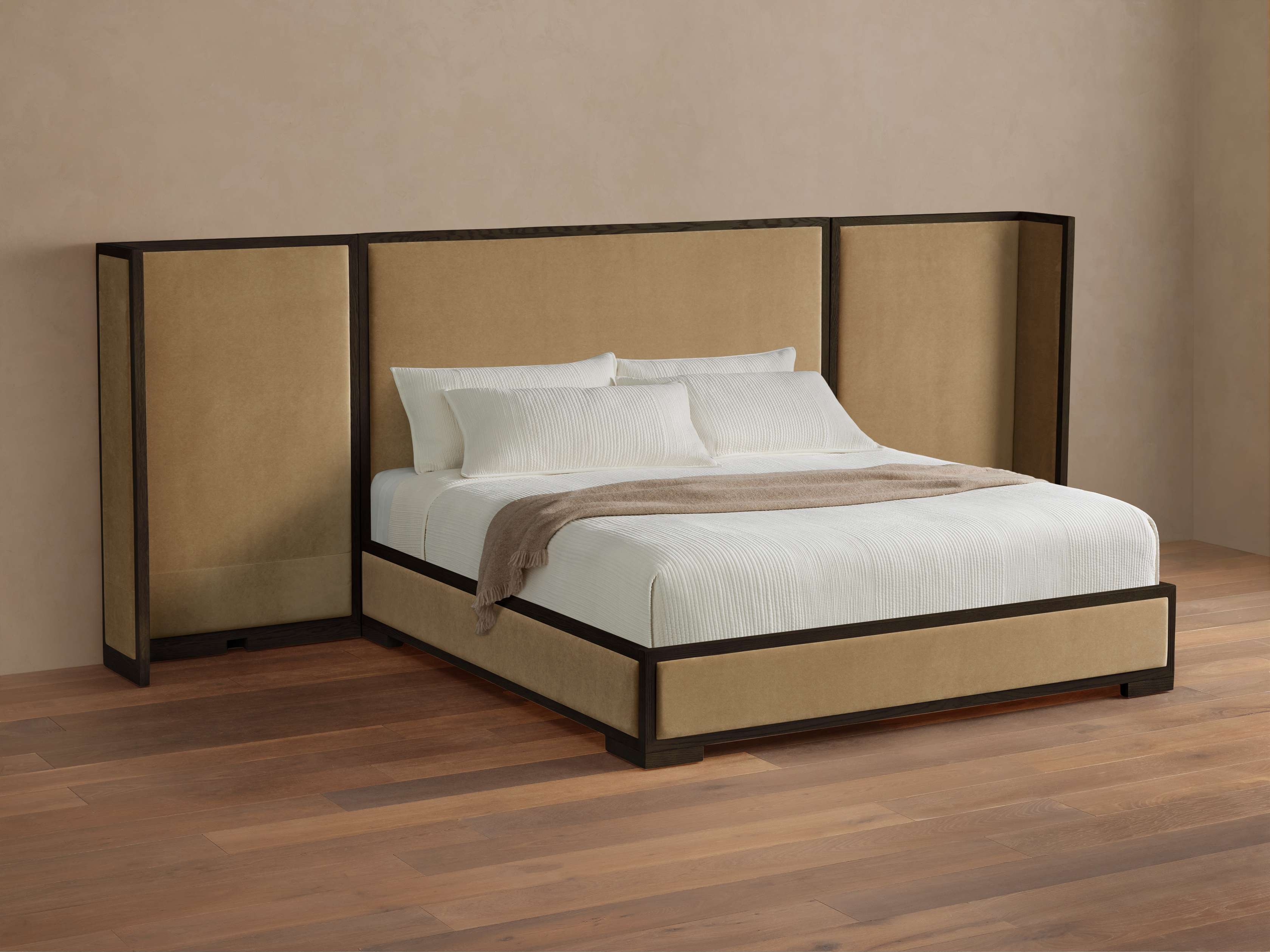 Darien Extended Shelter Bed in Upholstered 60" King Tan  Banks Taupe/Ebony - Image 0