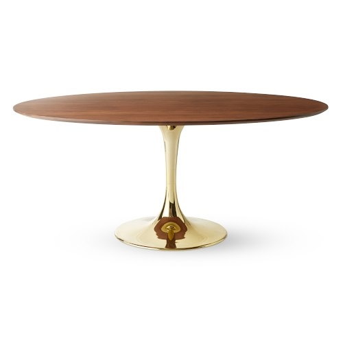 Tulip Pedestal Dining Table, Oval, Antique Brass Base, Walnut Top - Image 0