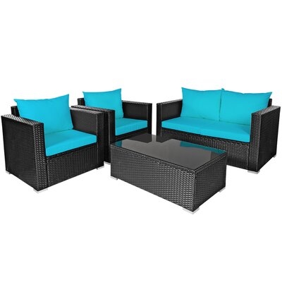 Latitude Run® 4pcs Rattan Patio Conversation Set Outdoor Furniture Set W/ Turquoise Cushions - Image 0