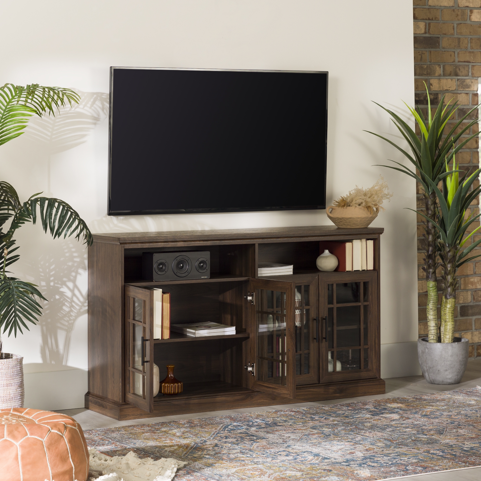 Hazel 58" Classic Glass 4 Door TV Stand - Dark Walnut - Image 6