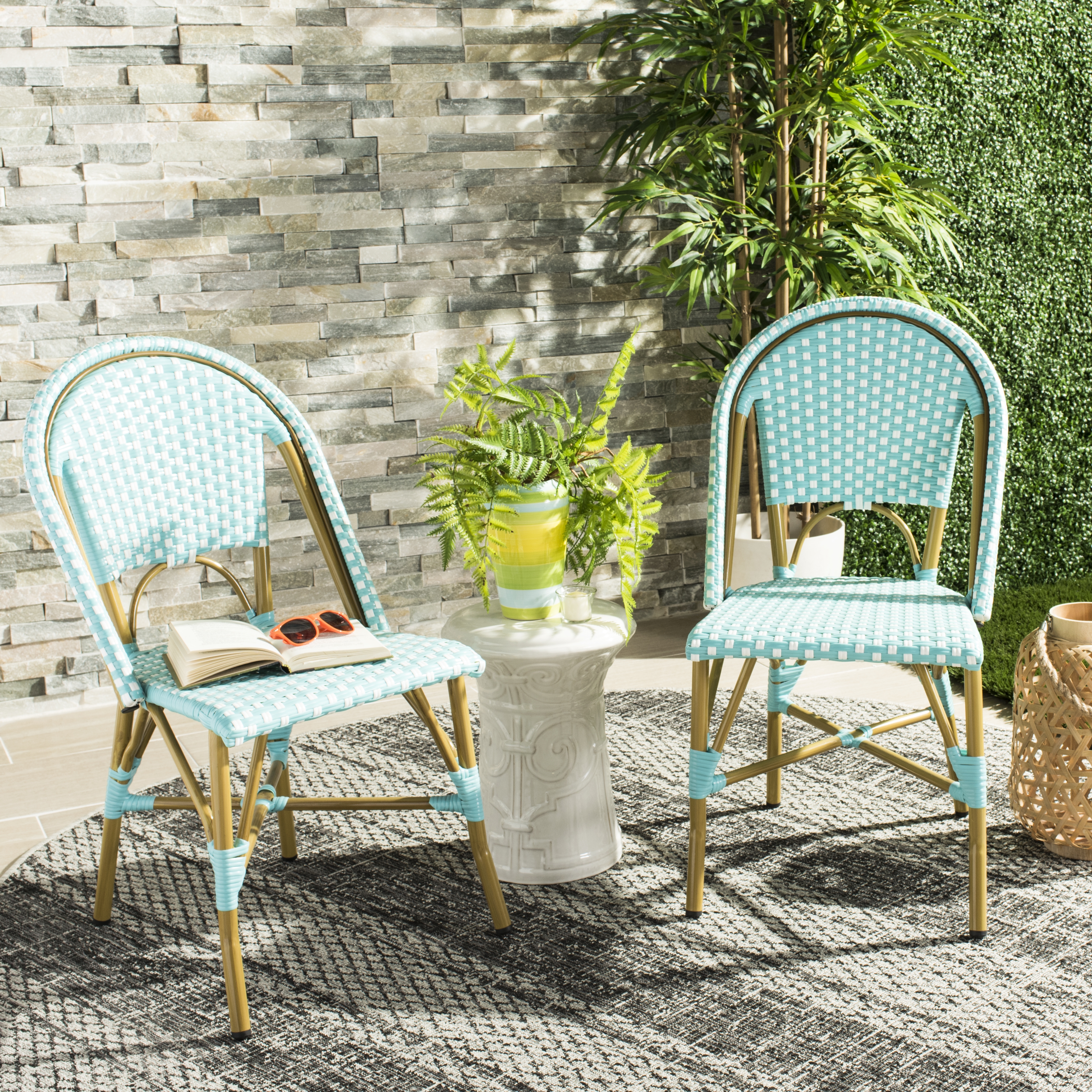 Salcha Indoor-Outdoor French Bistro Stacking Side Chair - Teal/White/Light Brown - Arlo Home - Image 6