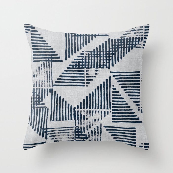 Stripe Triangle Geometric Block Print Pattern In Blue Grey Throw Pillow by House Of Haha - Cover (20" x 20") With Pillow Insert - Indoor Pillow - Image 0