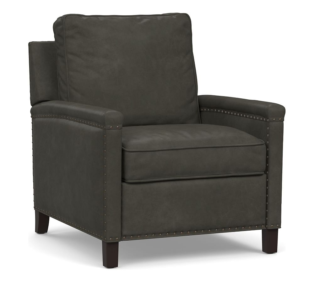 Tyler Square Arm Leather Power Recliner with Nailheads, Down Blend Wrapped Cushions Churchfield Ebony - Image 0
