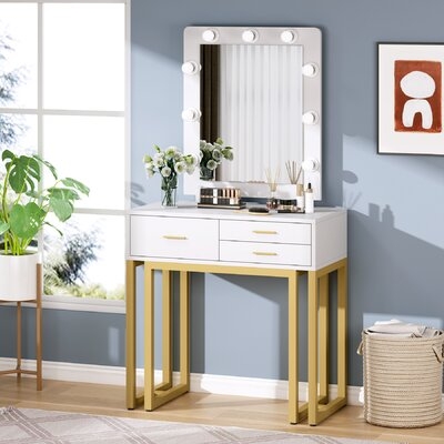 Vanity Desk With Lighted Mirror, Makeup Vanity Dressing Table Dresser Desk With 9 LED Lights, 3 Drawers For Women Girls, Dressing Table For Bedroom - Image 0