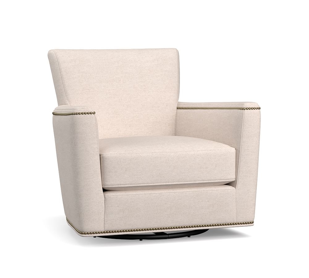 Irving Square Arm Upholstered Swivel Armchair with Bronze Nailheads, Polyester Wrapped Cushions, Performance Everydaylinen(TM) by Crypton(R) Home Graphite - Image 0