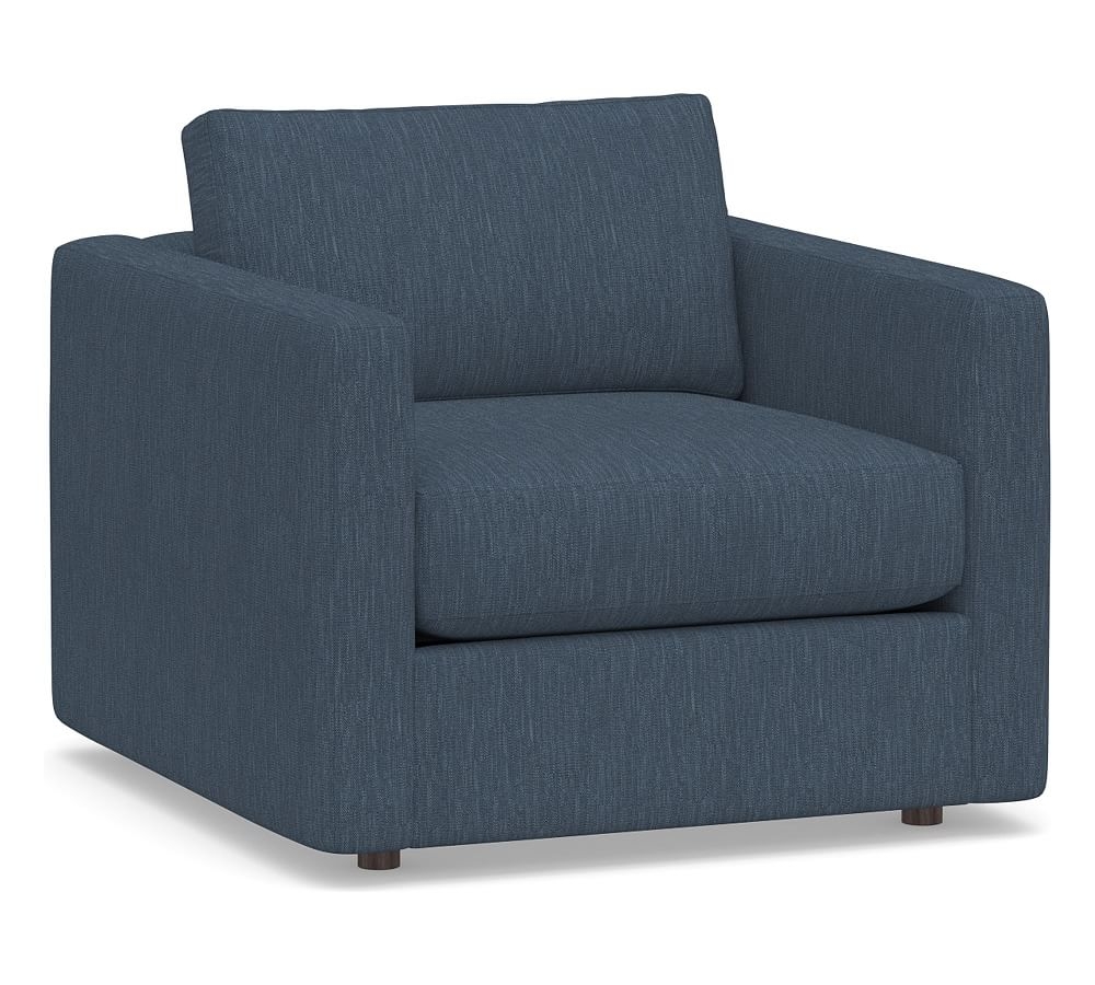 Carmel Slim Square Arm Upholstered Armchair, Down Blend Wrapped Cushions, Performance Heathered Tweed Indigo - Image 0