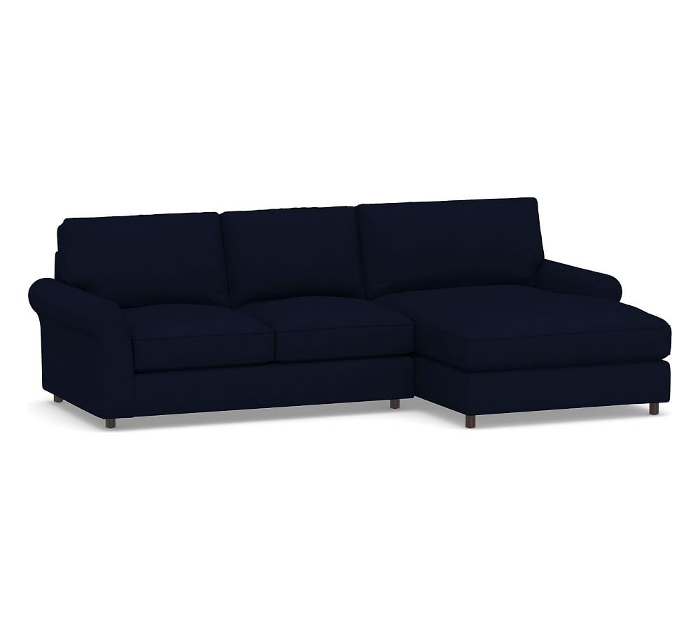 PB Comfort Roll Arm Upholstered Left Arm Loveseat with Double Wide Chaise Sectional, Box Edge Down Blend Wrapped Cushions, Performance Everydaylinen(TM) by Crypton(R) Home Navy - Image 0