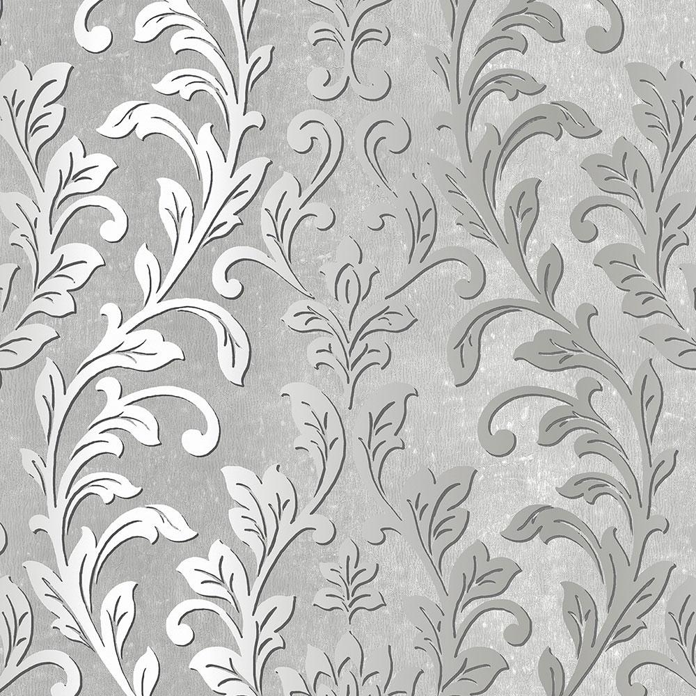 Silver Leaf Damask Wallpaper, Black/Grey - Image 0
