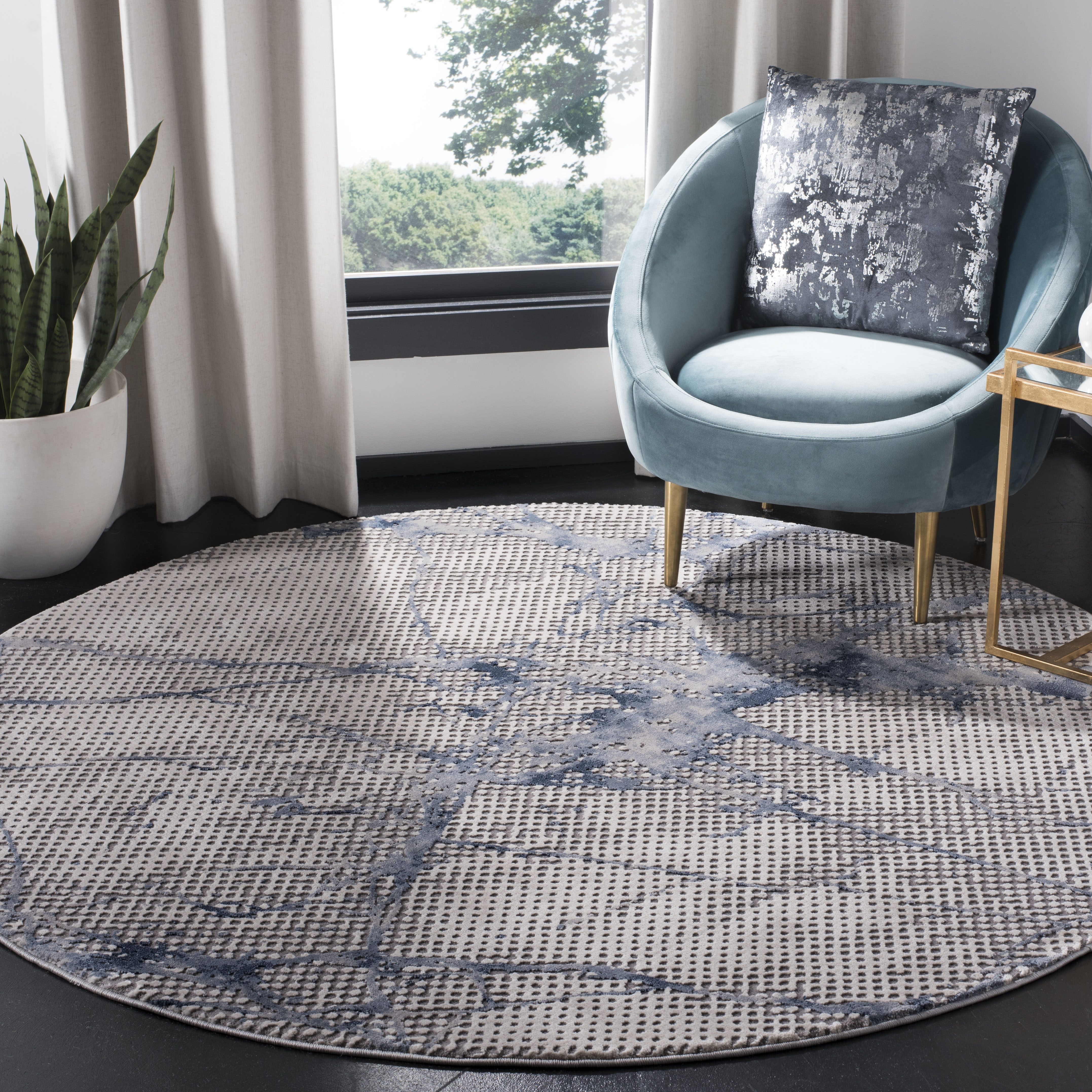 Arlo Home Woven Area Rug, MDW180N, Navy/Ivory,  6' 7" X 6' 7" Round - Image 1