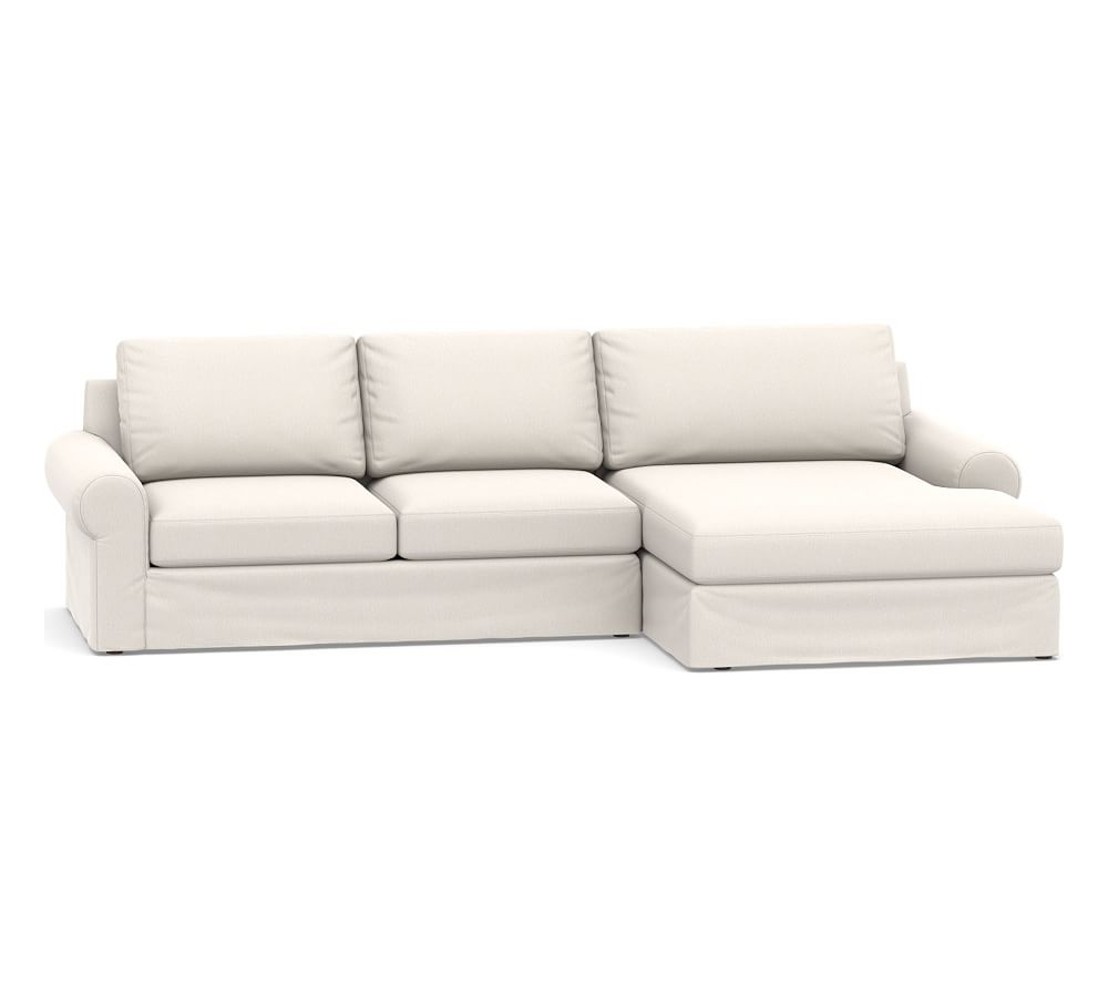 Big Sur Roll Arm Slipcovered Left Arm Loveseat with Double Chaise Sectional, Down Blend Wrapped Cushions, Sunbrella(R) Performance Chenille Salt - Image 0