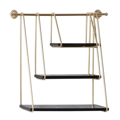 Gold Metal And Black Wood Hanging Wall Shelf, 26" X 22" - Image 0