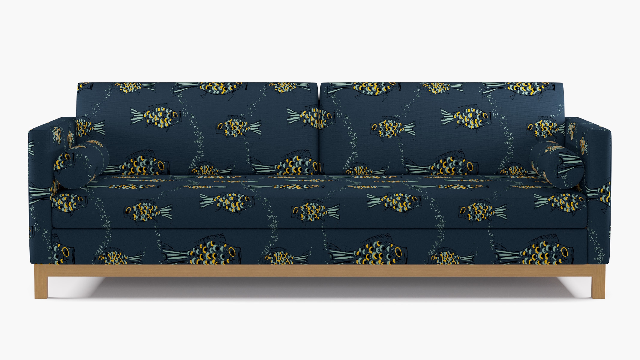 Tailored Tuxedo Sofa, Indigo Sakana, Natural Wood Rail - Image 0