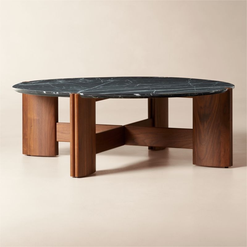 Tule 47" Round Black Marble and Walnut Wood Coffee Table - Image 3