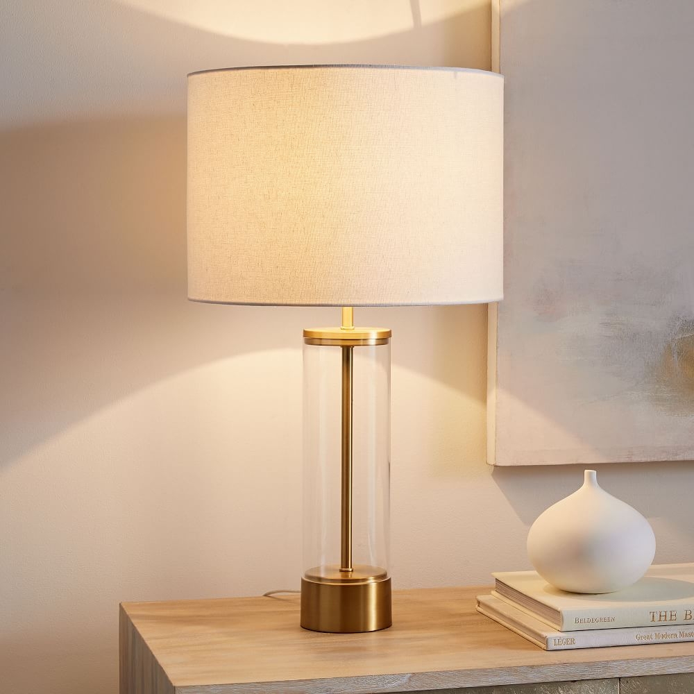 Acrylic Column Table Lamp Antique Brass White Linen (25") - Image 0