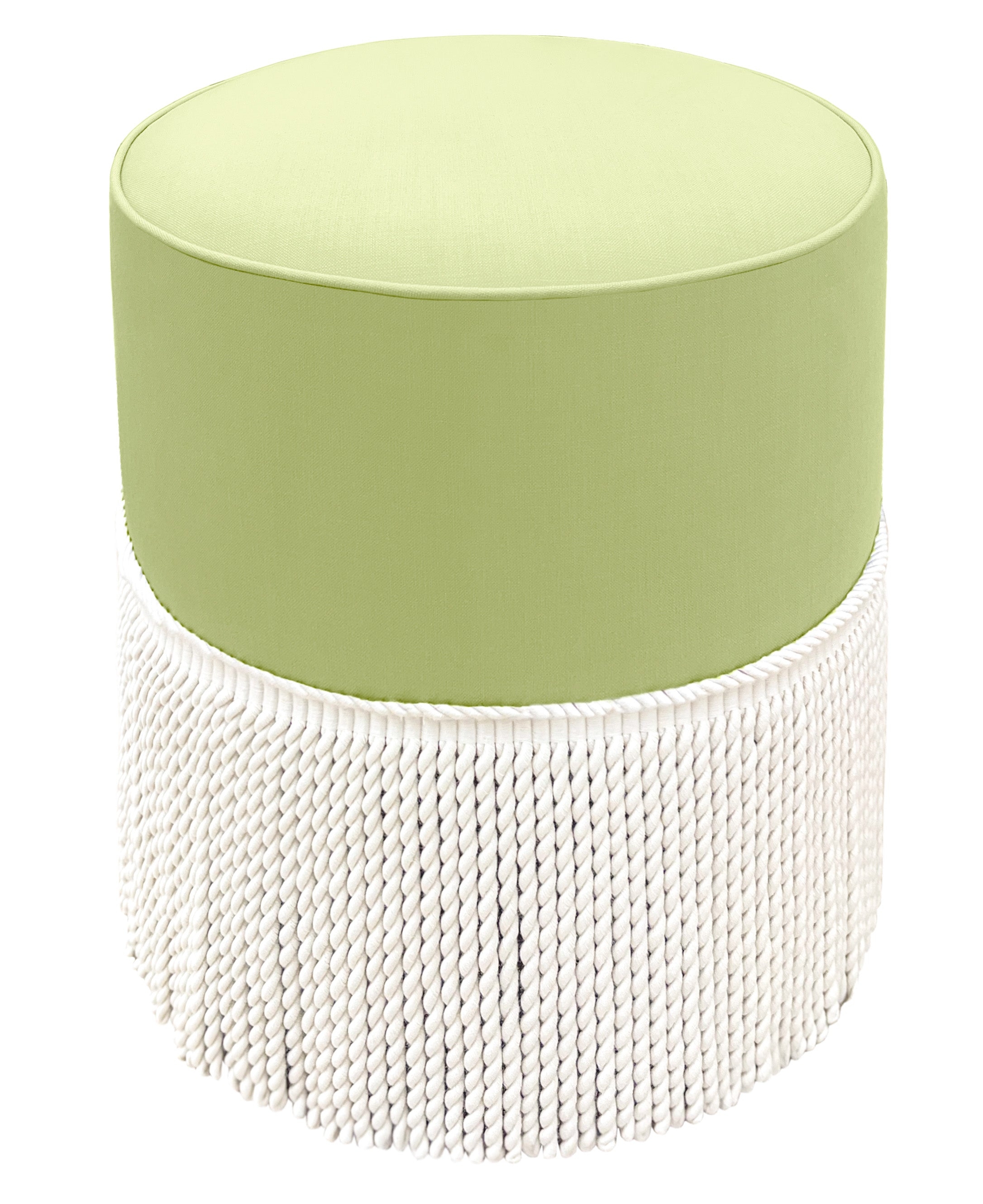 THE TIGHT ROUND OTTOMAN :: CLASSIC LINEN // CELADON + BULLION FRINGE - 17" Diameter X 19" Height / Celadon - Image 0