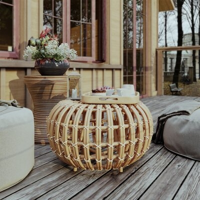 Wicker Round Coffee Table | Outdoor Patio Rattan Pouf - Farmhouse Front Porch Furniture - Backyard Deck Furniture Accent Table - Image 0