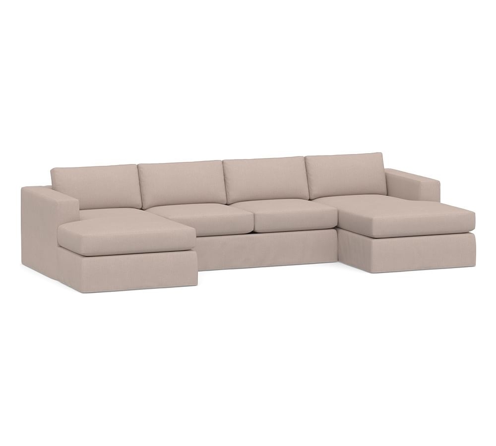 Carmel Square Arm Slipcovered U-Chaise Loveseat Sectional, Down Blend Wrapped Cushions, Performance Heathered Tweed Desert - Image 0