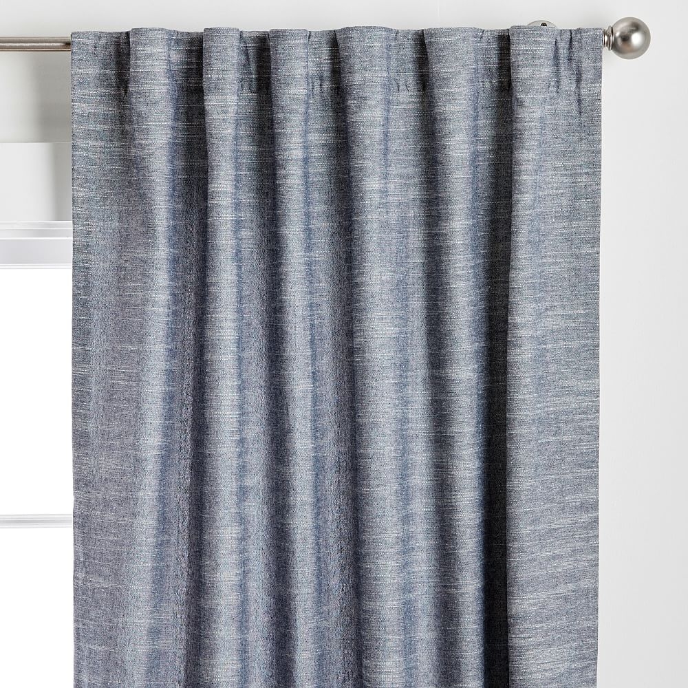 Cotton Linen Semi-Sheer Curtain Set of 2, Navy/White, 44" x 96" - Image 0