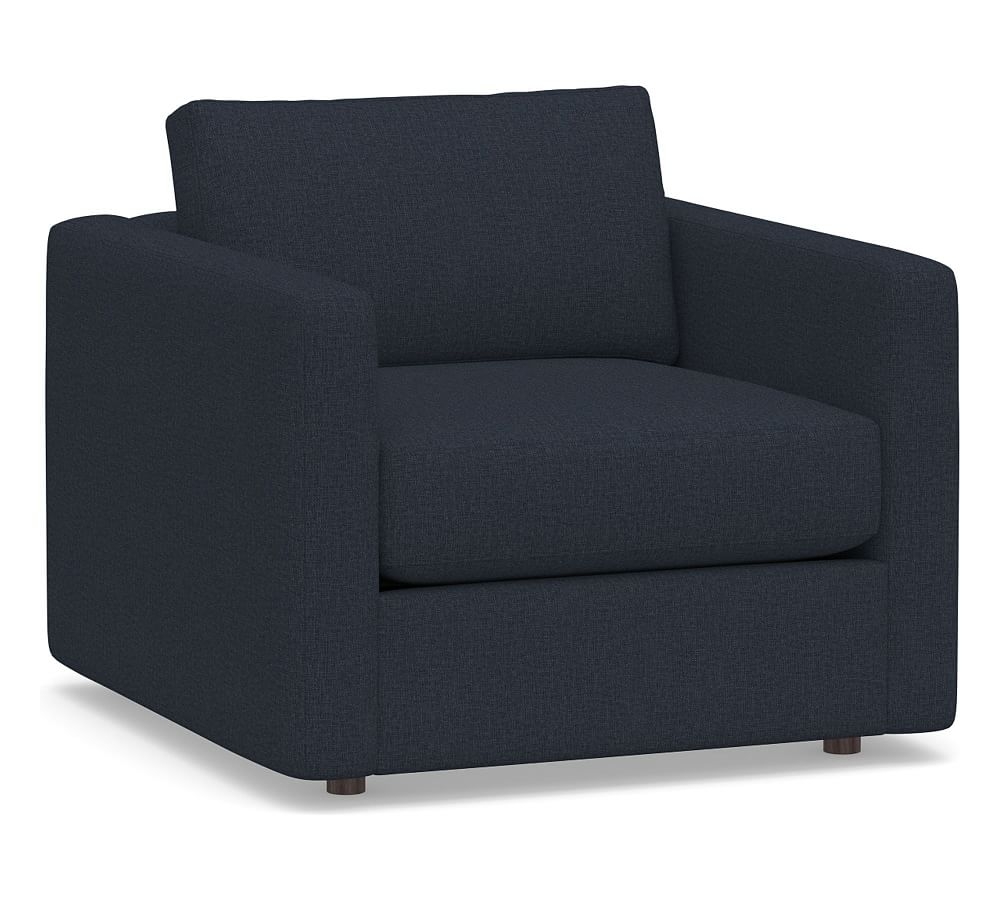 Carmel Slim Square Arm Upholstered Armchair, Down Blend Wrapped Cushions, Performance Brushed Basketweave Indigo - Image 0