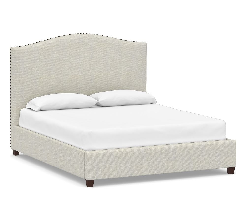 Raleigh Curved Upholstered Tall Bed with Bronze Nailheads, California King, Performance Heathered Basketweave Dove - Image 0