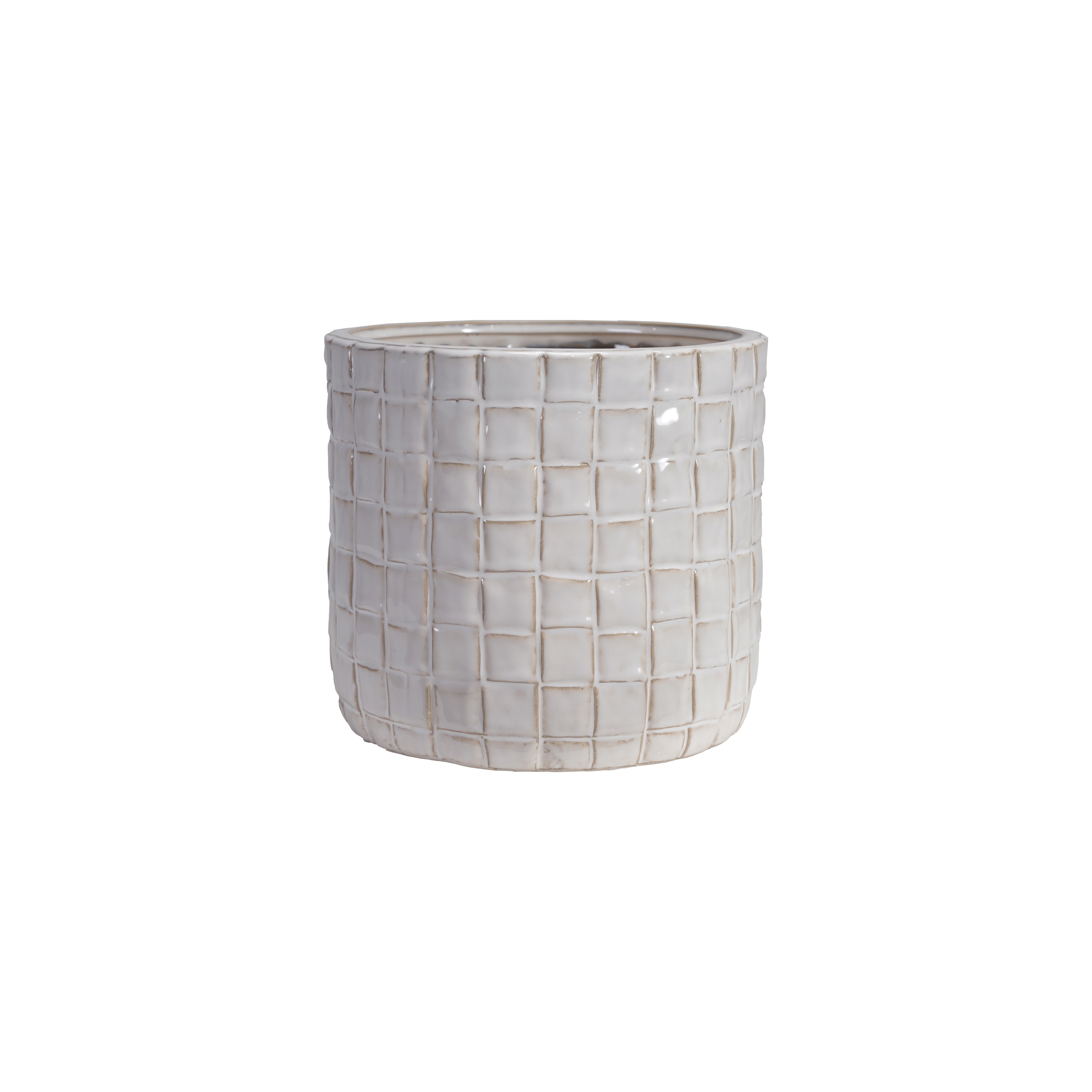 Round Stoneware Planter with Woven Pattern in Reactive Glaze, Cream Color - Image 0