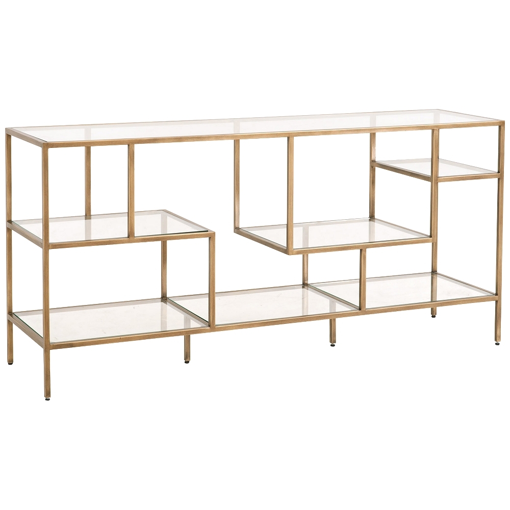 Beakman 59" Wide Brass Metal and Glass 4-Shelf Low Bookcase - Style # 86H89 - Image 0