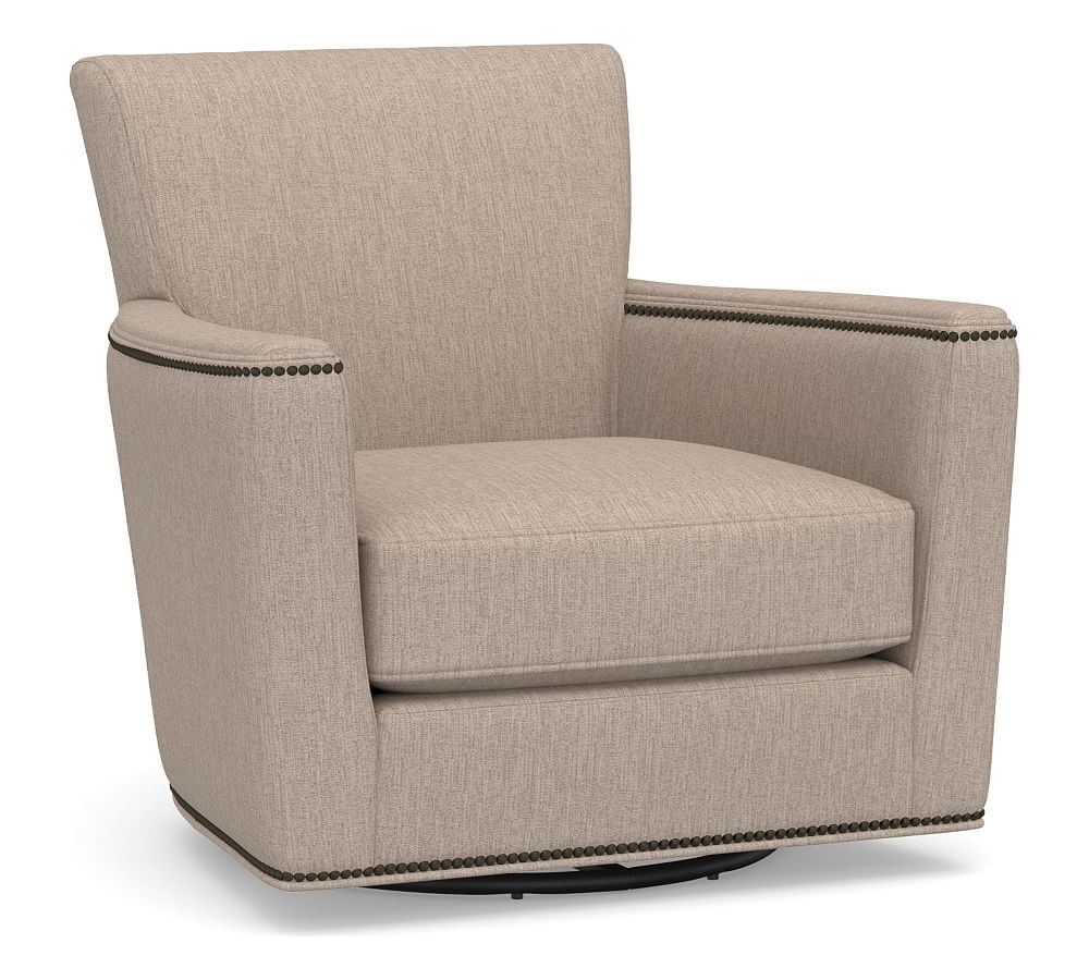 Irving Square Arm Upholstered Swivel Armchair with Nailheads, Polyester Wrapped Cushions, Sunbrella(R) Performance Sahara Weave Mushroom - Image 0