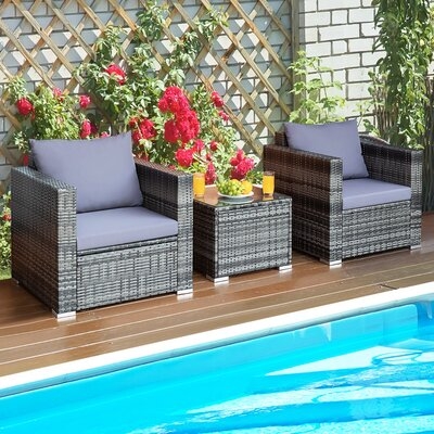 Ebern Designs 3pcs Rattan Patio Conversation Set Outdoor Furniture Set W/ Table Cushion - Image 0