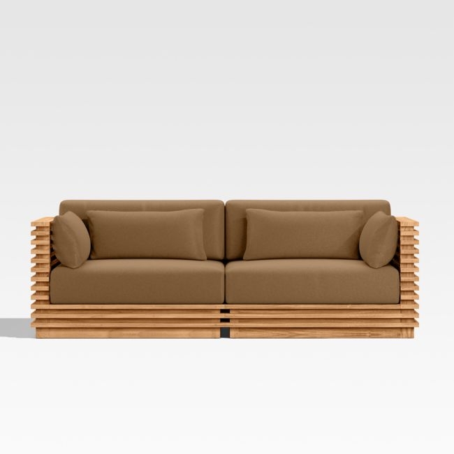 Batten 83" Natural Teak Outdoor Loveseat with Cast Teak Brown Sunbrella ® Cushions - Image 0