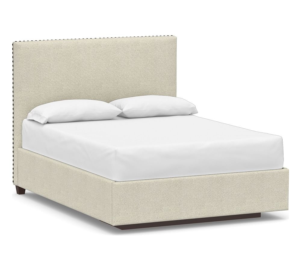 Raleigh Square Upholstered Tall Headboard with Footboard Storage Platform Bed & Bronze Nailheads, Full, Performance Heathered Basketweave Alabaster White - Image 0