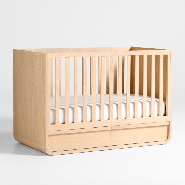 Mira Natural Oak Wood Convertible Baby Crib with Storage and Toddler Bed Rail - Image 0