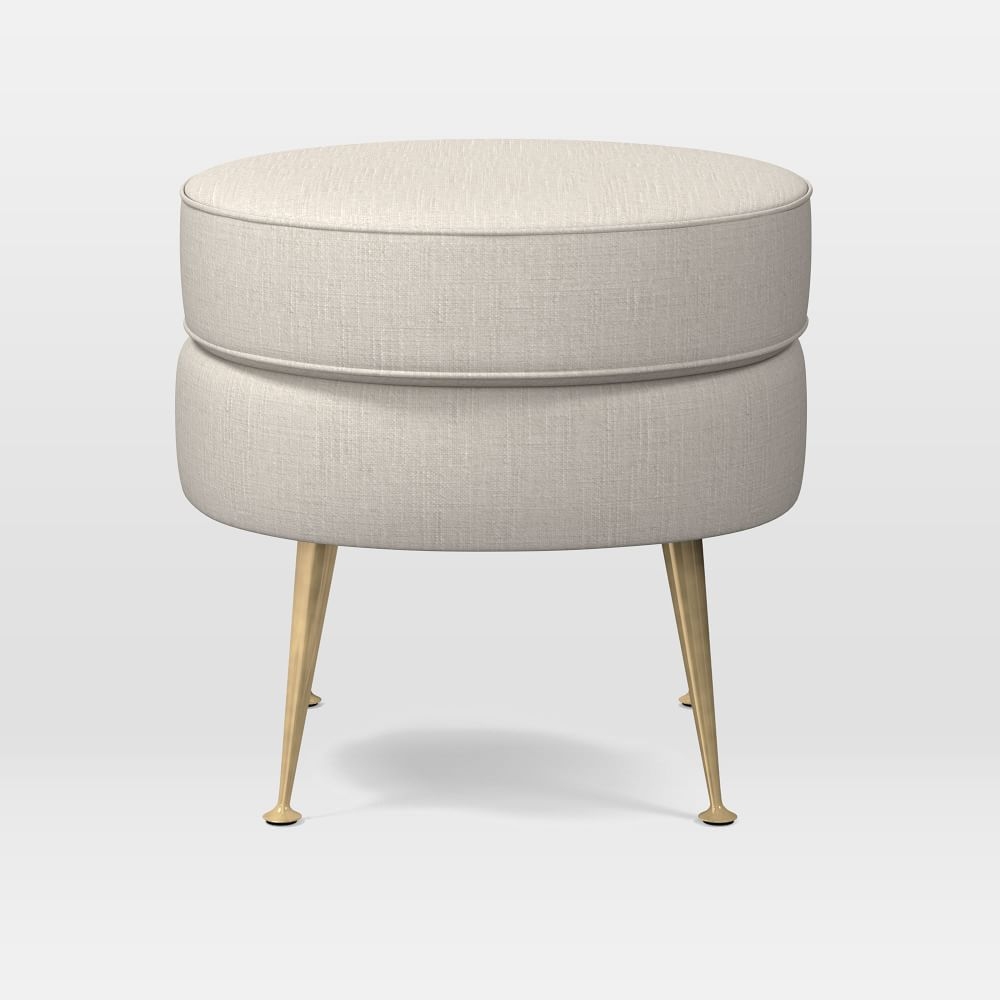 Pietro Midcentury Ottoman - Small Round, Poly, Yarn Dyed Linen Weave, Alabaster, Brass - Image 0